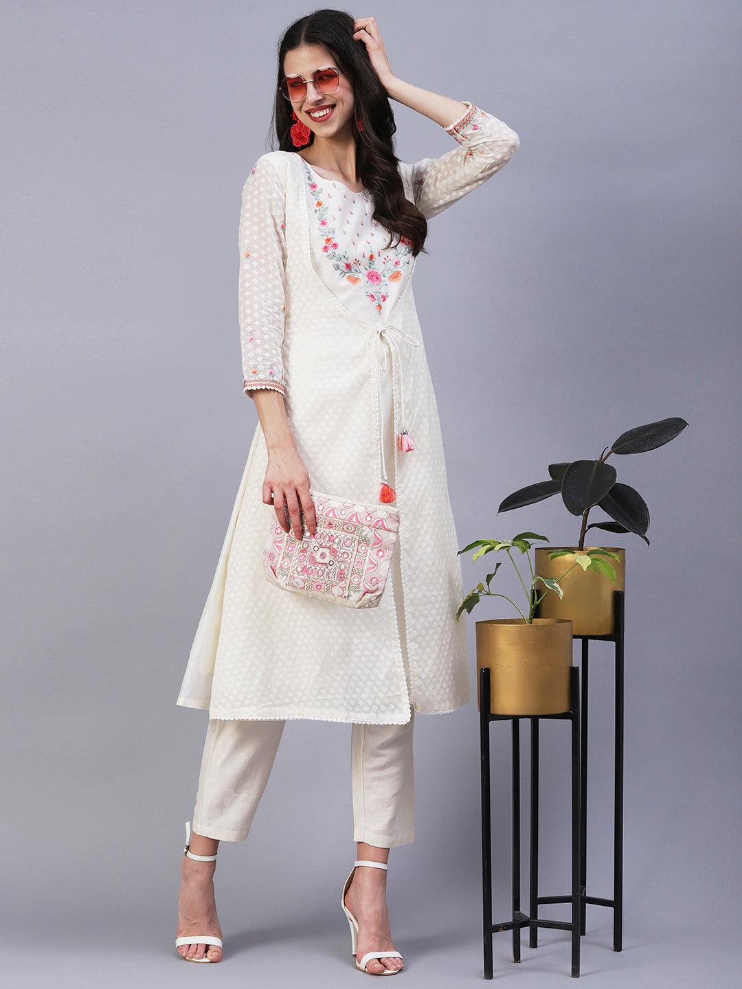 Solid Floral Embroidered A-Line Layered Kurta with Pant - Off White - Indiakreations