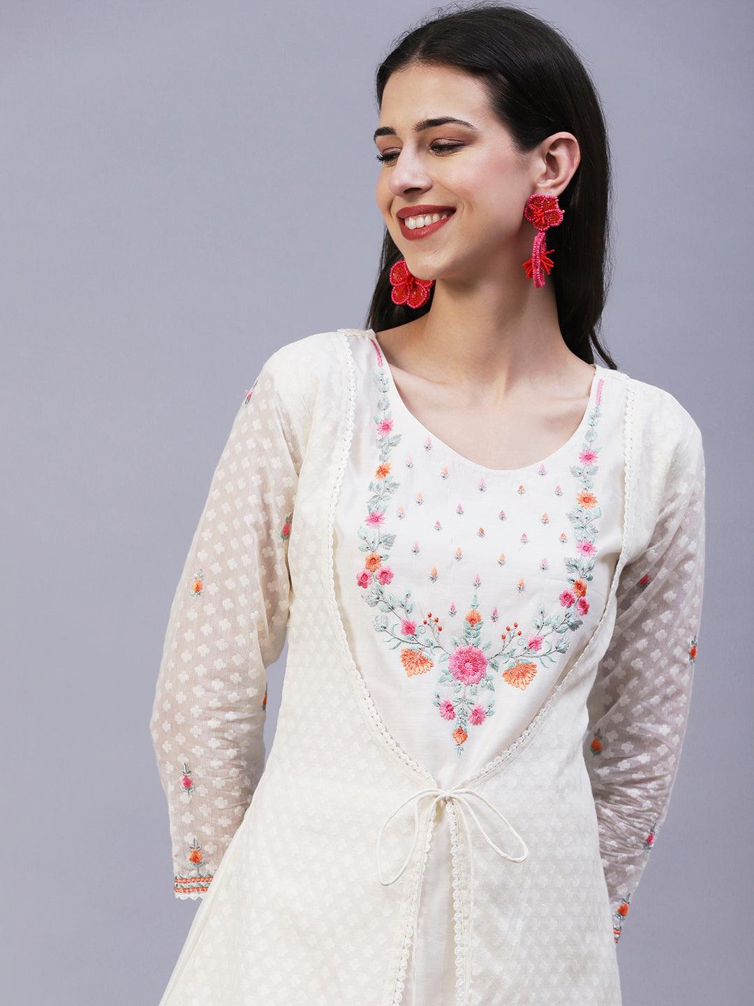 Solid Floral Embroidered A-Line Layered Kurta with Pant - Off White - Indiakreations