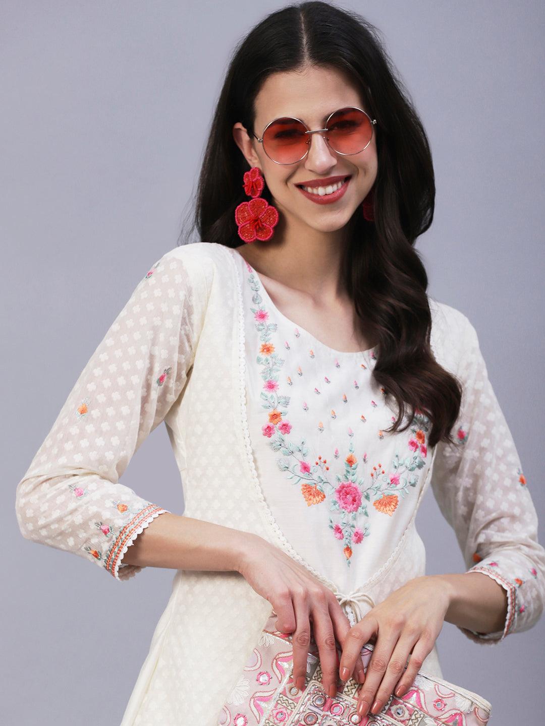 Solid Floral Embroidered A-Line Layered Kurta with Pant - Off White - Indiakreations