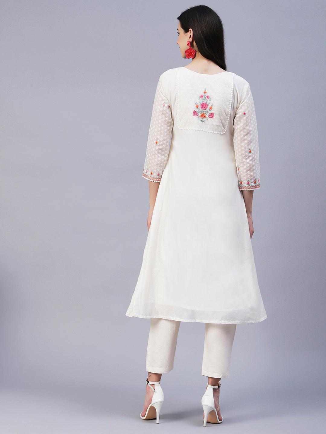 Solid Floral Embroidered A-Line Layered Kurta with Pant - Off White - Indiakreations