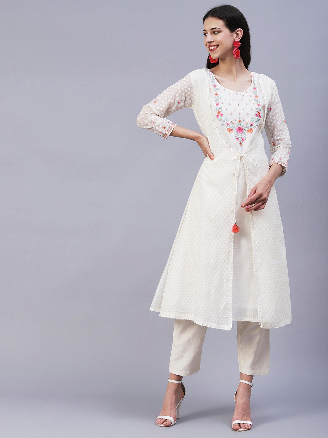 Solid Floral Embroidered A-Line Layered Kurta with Pant - Off White - Indiakreations