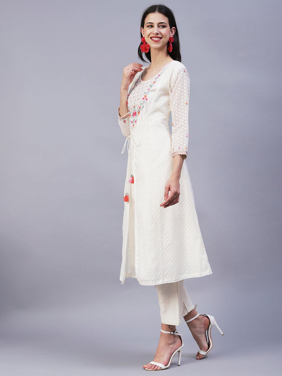 Solid Floral Embroidered A-Line Layered Kurta with Pant - Off White - Indiakreations