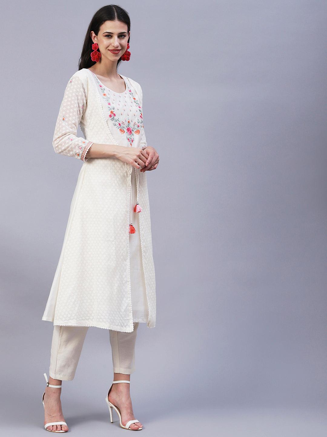 Solid Floral Embroidered A-Line Layered Kurta with Pant - Off White - Indiakreations