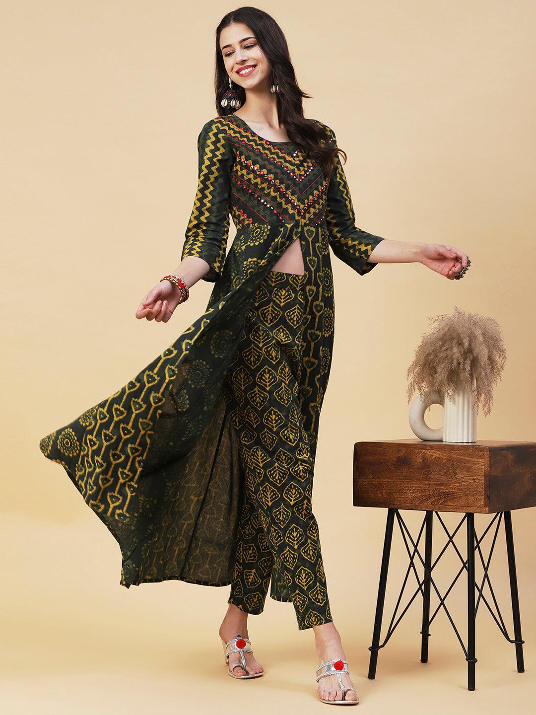 Batik & Block Printed Mirror Embroidered Front Slit Kurta With Pants - Green - Indiakreations