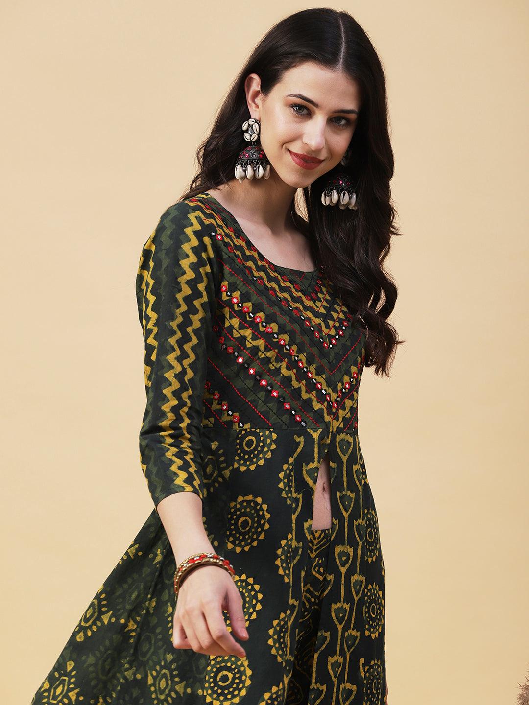 Batik & Block Printed Mirror Embroidered Front Slit Kurta With Pants - Green - Indiakreations