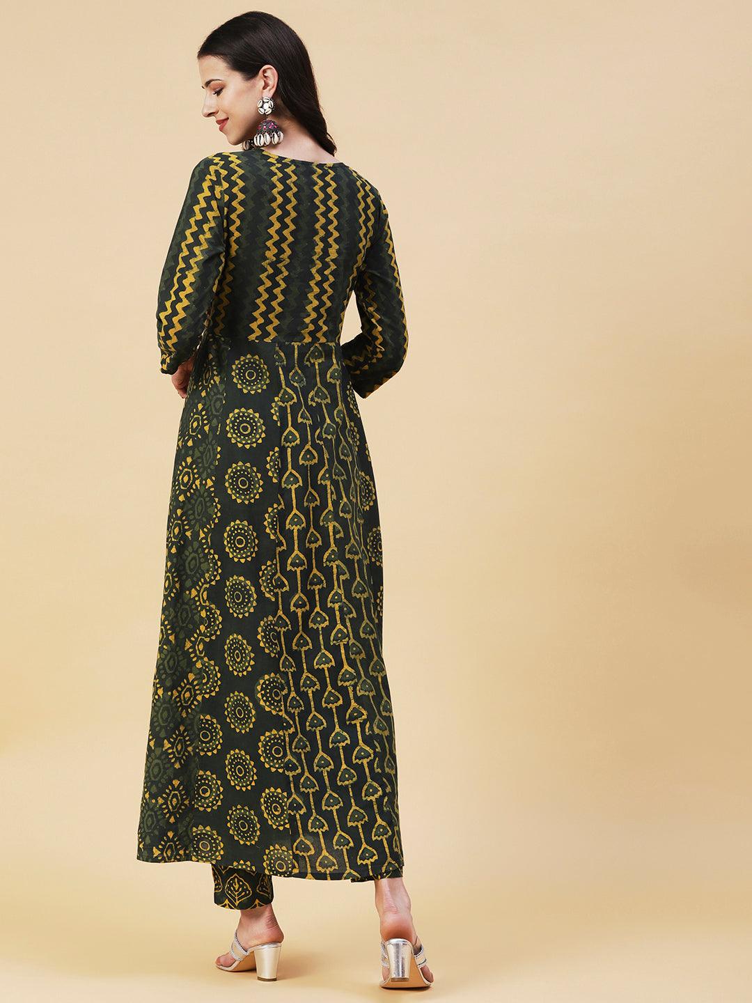 Batik & Block Printed Mirror Embroidered Front Slit Kurta With Pants - Green - Indiakreations