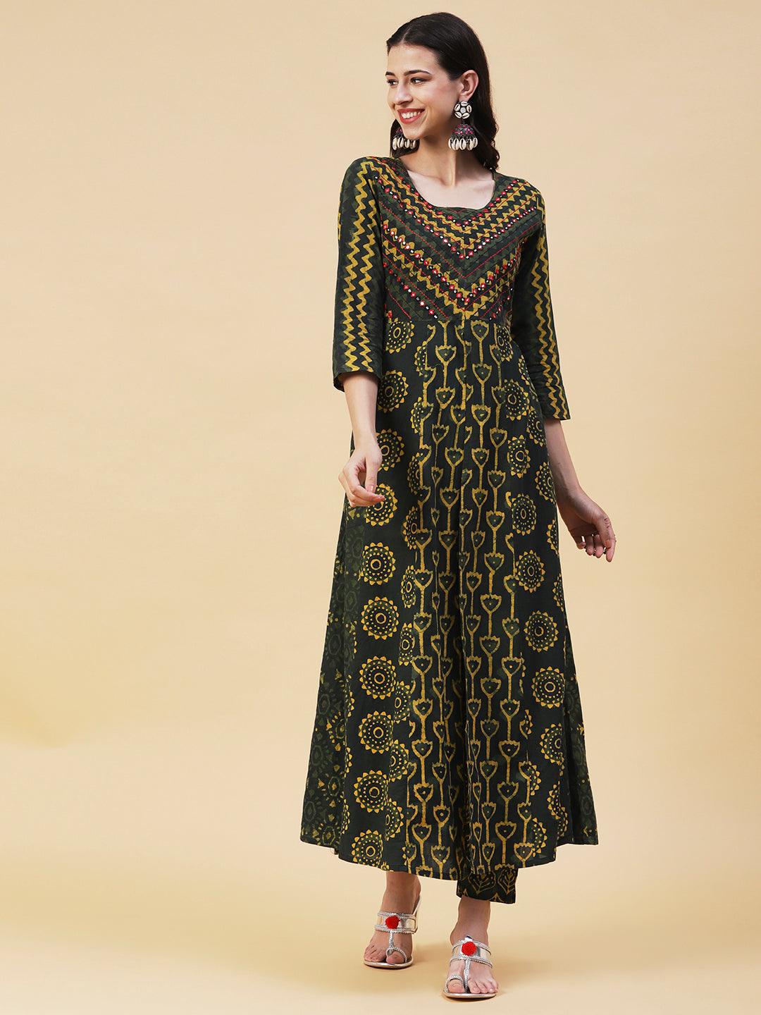 Batik & Block Printed Mirror Embroidered Front Slit Kurta With Pants - Green - Indiakreations