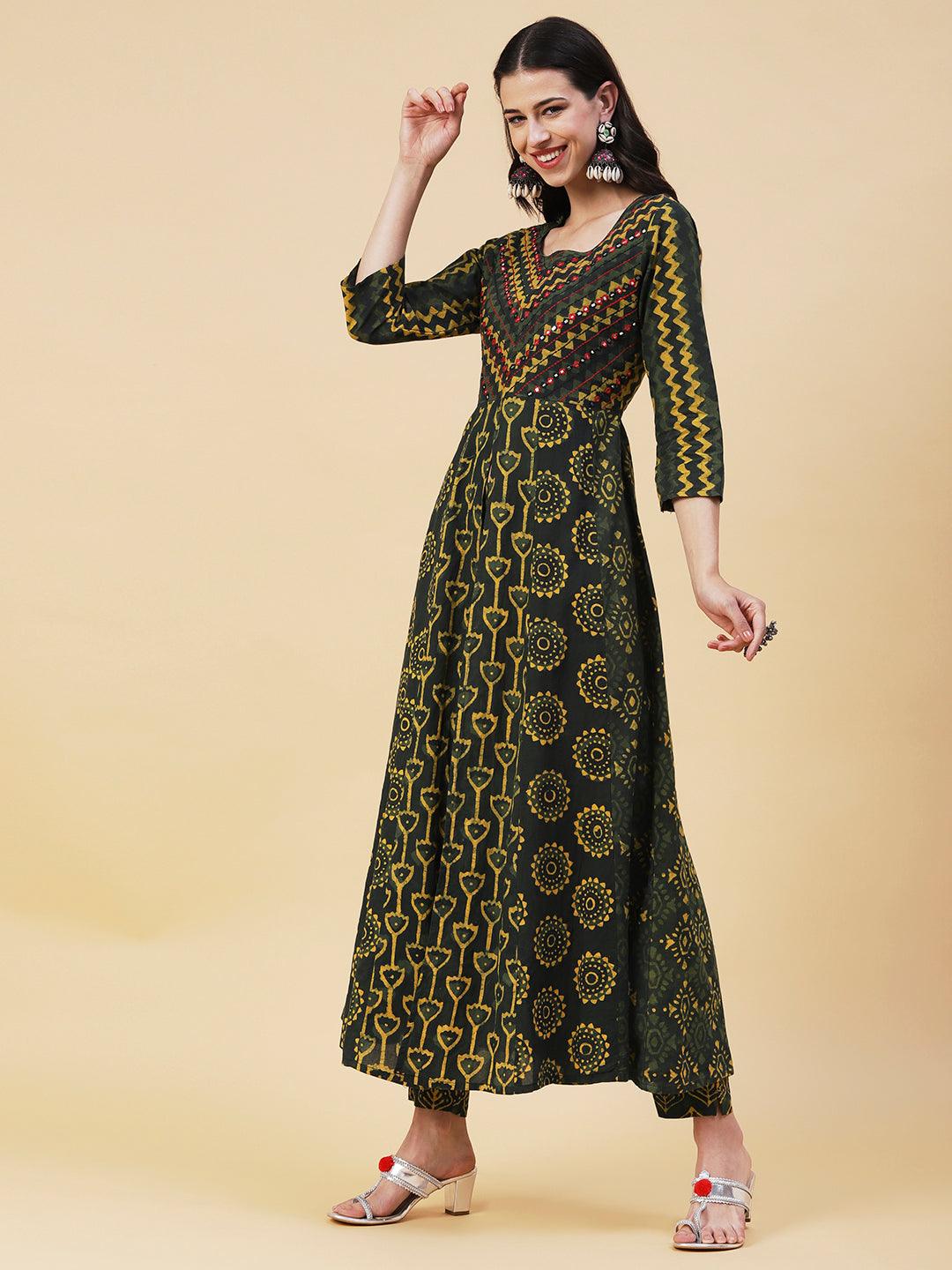 Batik & Block Printed Mirror Embroidered Front Slit Kurta With Pants - Green - Indiakreations