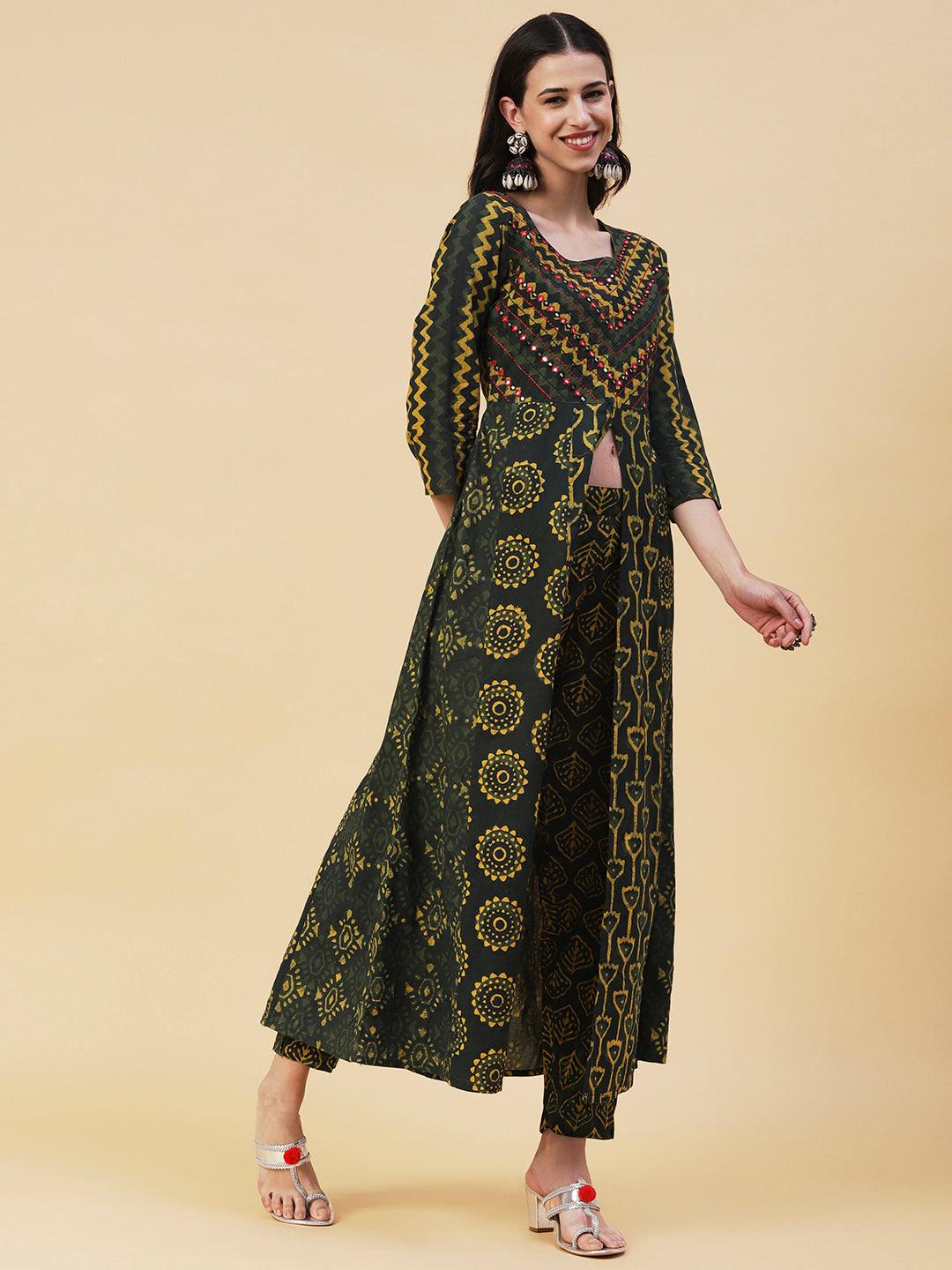 Batik & Block Printed Mirror Embroidered Front Slit Kurta With Pants - Green - Indiakreations