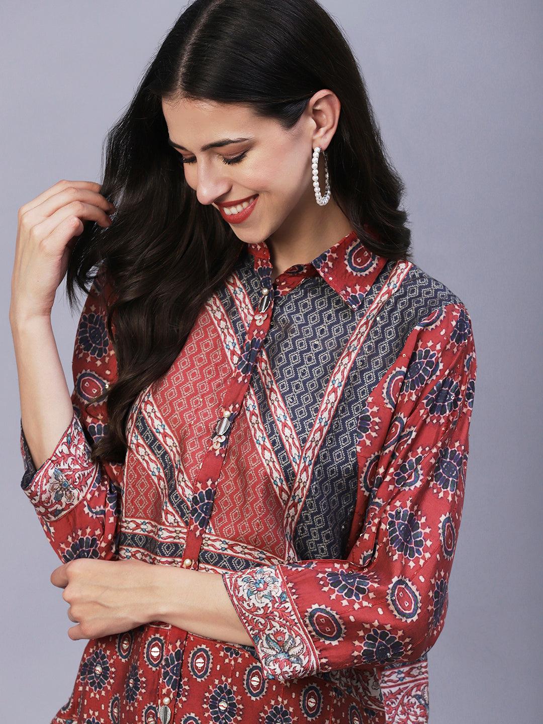 Floral Printed Mother-Of-Pearl Tikki & Brooch Ornamented Kimono Sleeves Top - Rust - Indiakreations