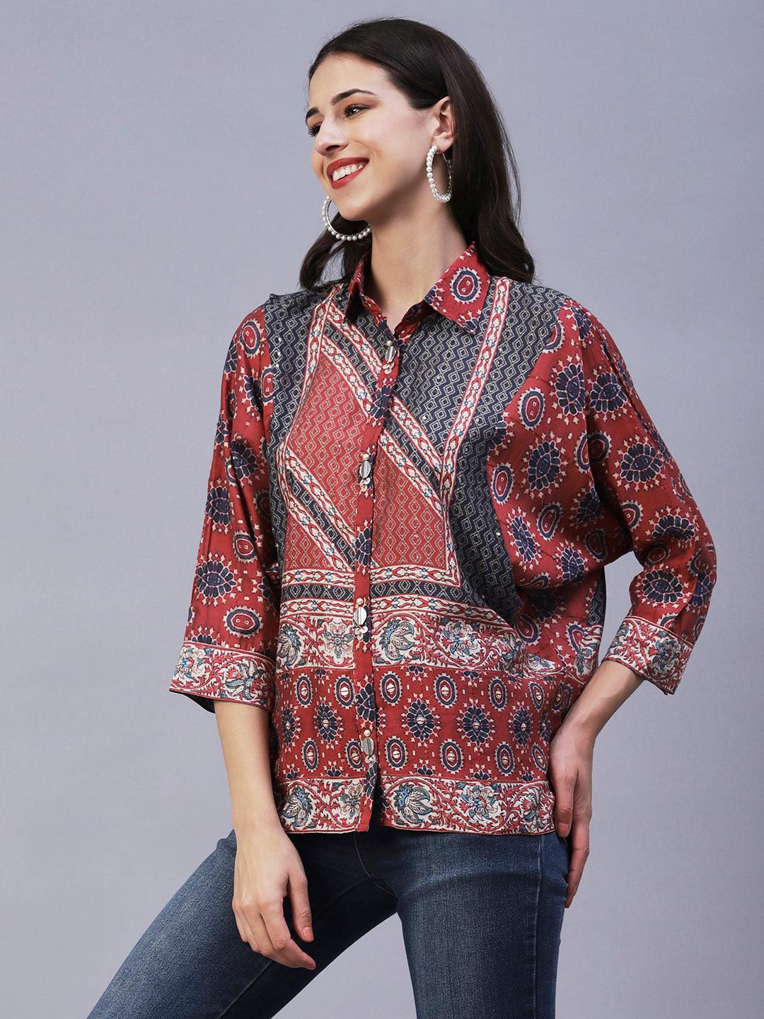 Floral Printed Mother-Of-Pearl Tikki & Brooch Ornamented Kimono Sleeves Top - Rust - Indiakreations