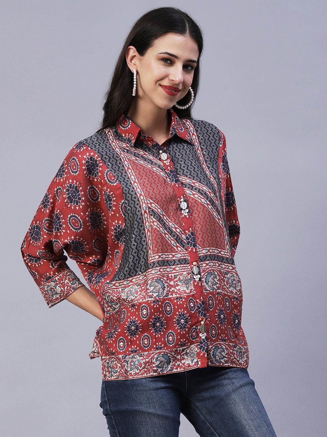 Floral Printed Mother-Of-Pearl Tikki & Brooch Ornamented Kimono Sleeves Top - Rust - Indiakreations