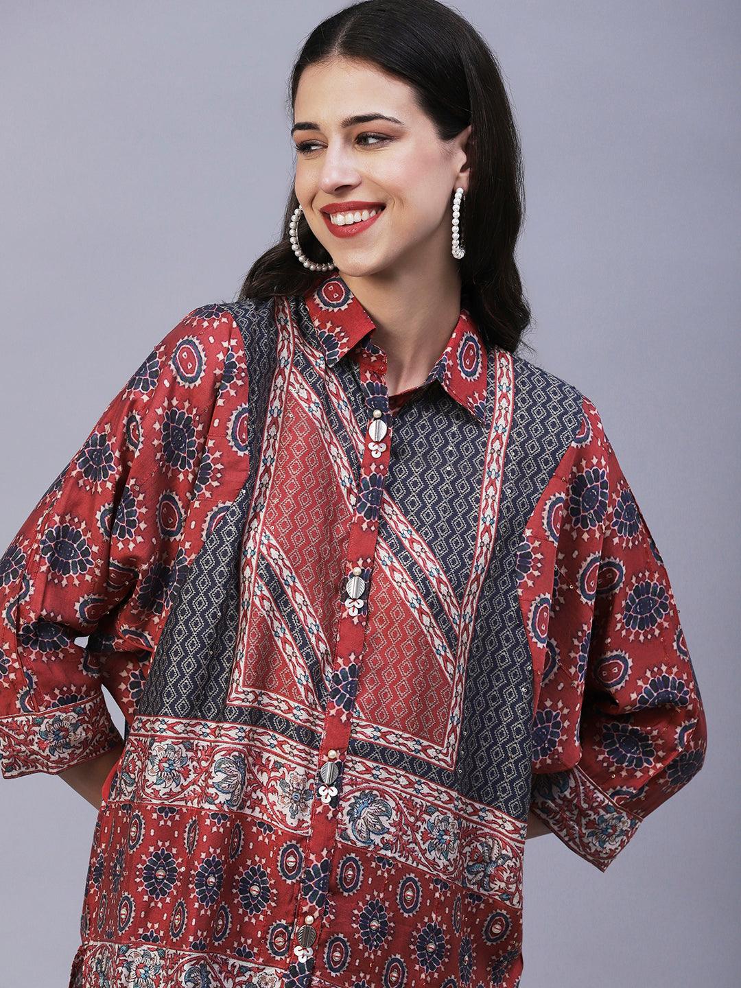 Floral Printed Mother-Of-Pearl Tikki & Brooch Ornamented Kimono Sleeves Top - Rust - Indiakreations