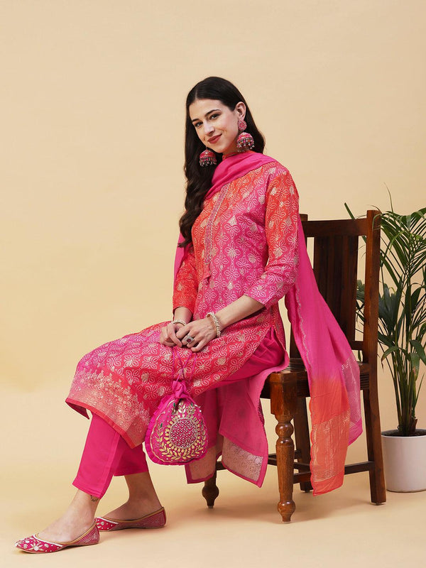 Bandhani Printed & Embroidered Straight Kurta with Pant & Dupatta - Pink - Indiakreations