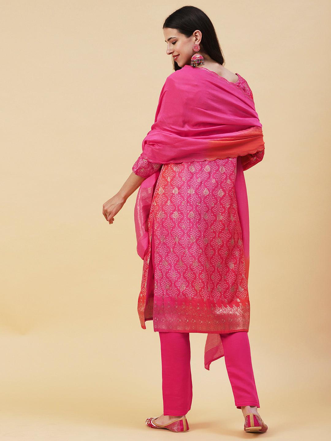 Bandhani Printed & Embroidered Straight Kurta with Pant & Dupatta - Pink - Indiakreations