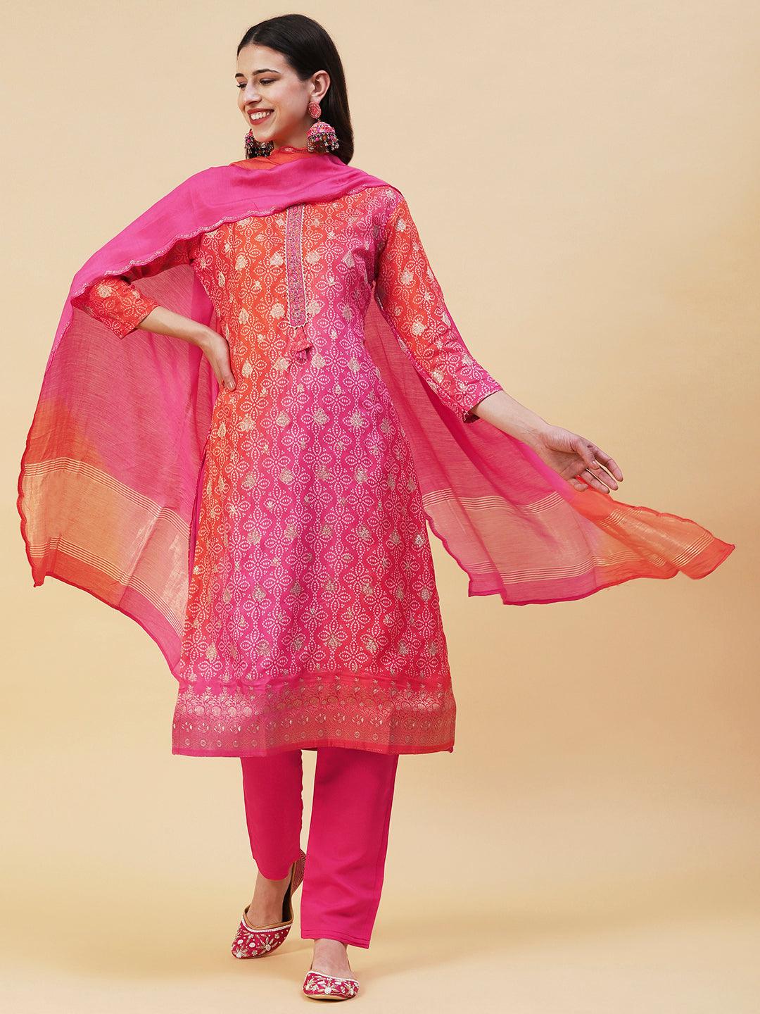 Bandhani Printed & Embroidered Straight Kurta with Pant & Dupatta - Pink - Indiakreations