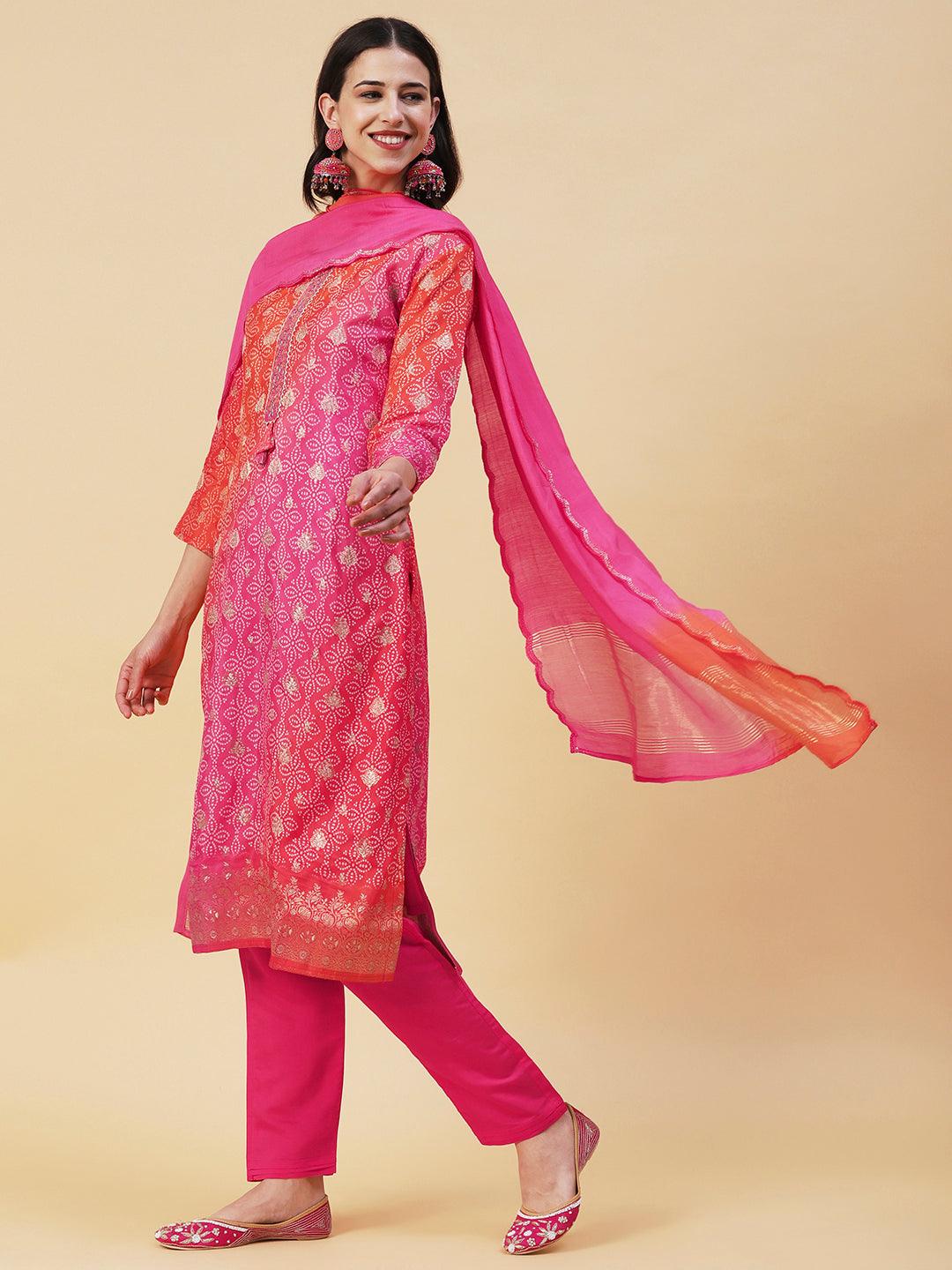 Bandhani Printed & Embroidered Straight Kurta with Pant & Dupatta - Pink - Indiakreations