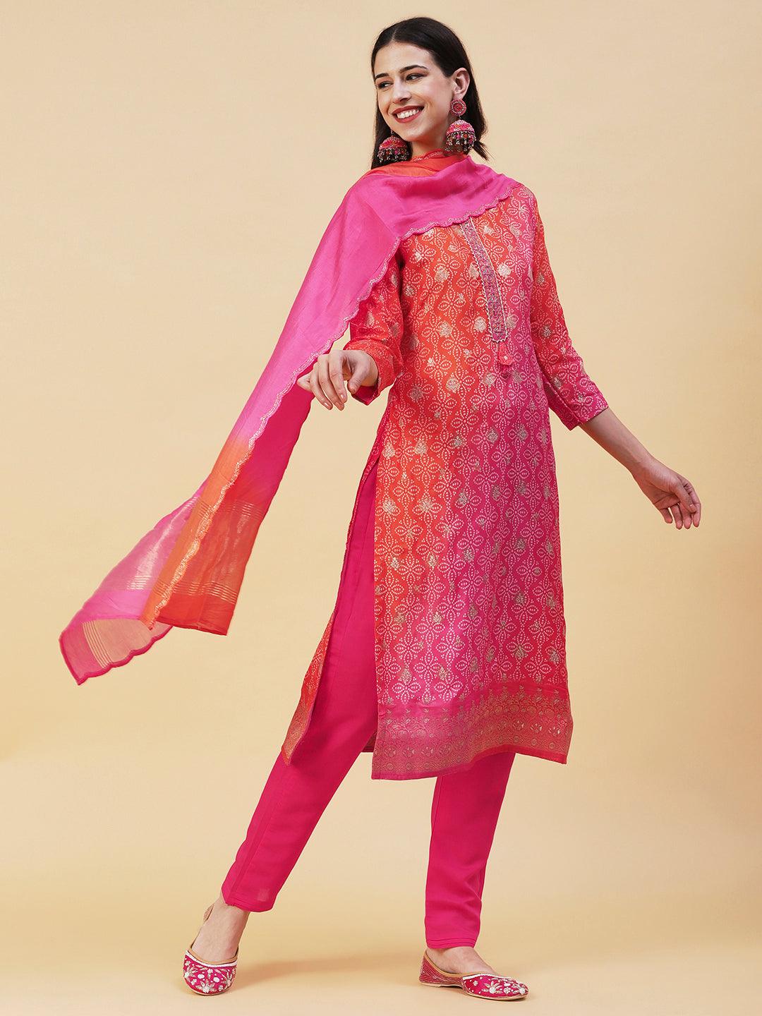 Bandhani Printed & Embroidered Straight Kurta with Pant & Dupatta - Pink - Indiakreations