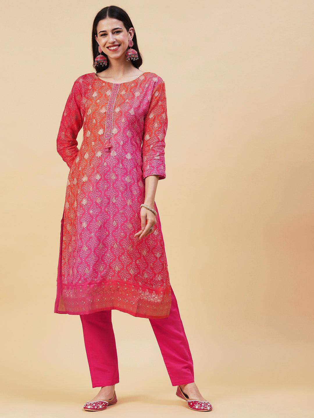 Bandhani Printed & Embroidered Straight Kurta with Pant & Dupatta - Pink - Indiakreations