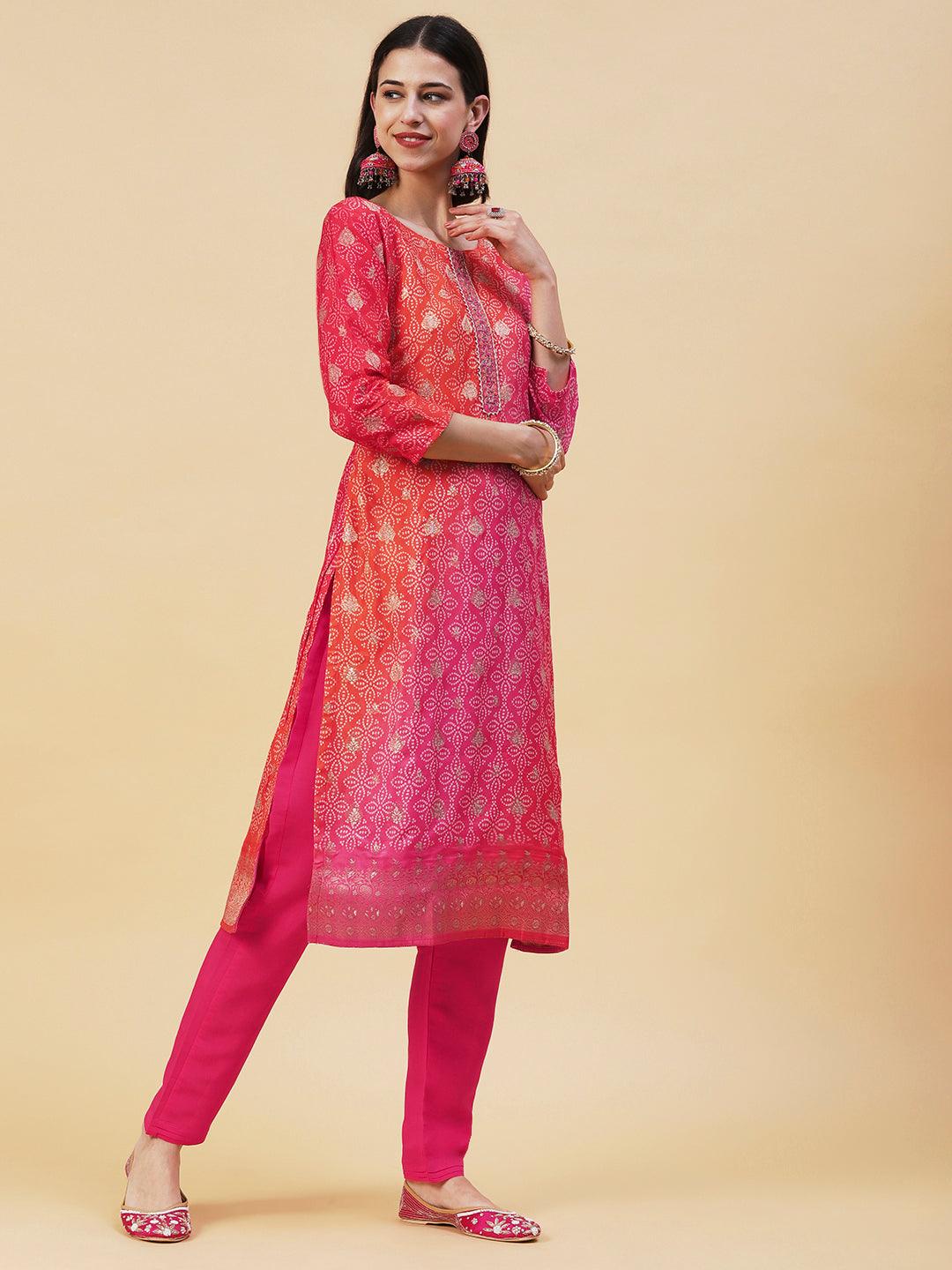 Bandhani Printed & Embroidered Straight Kurta with Pant & Dupatta - Pink - Indiakreations