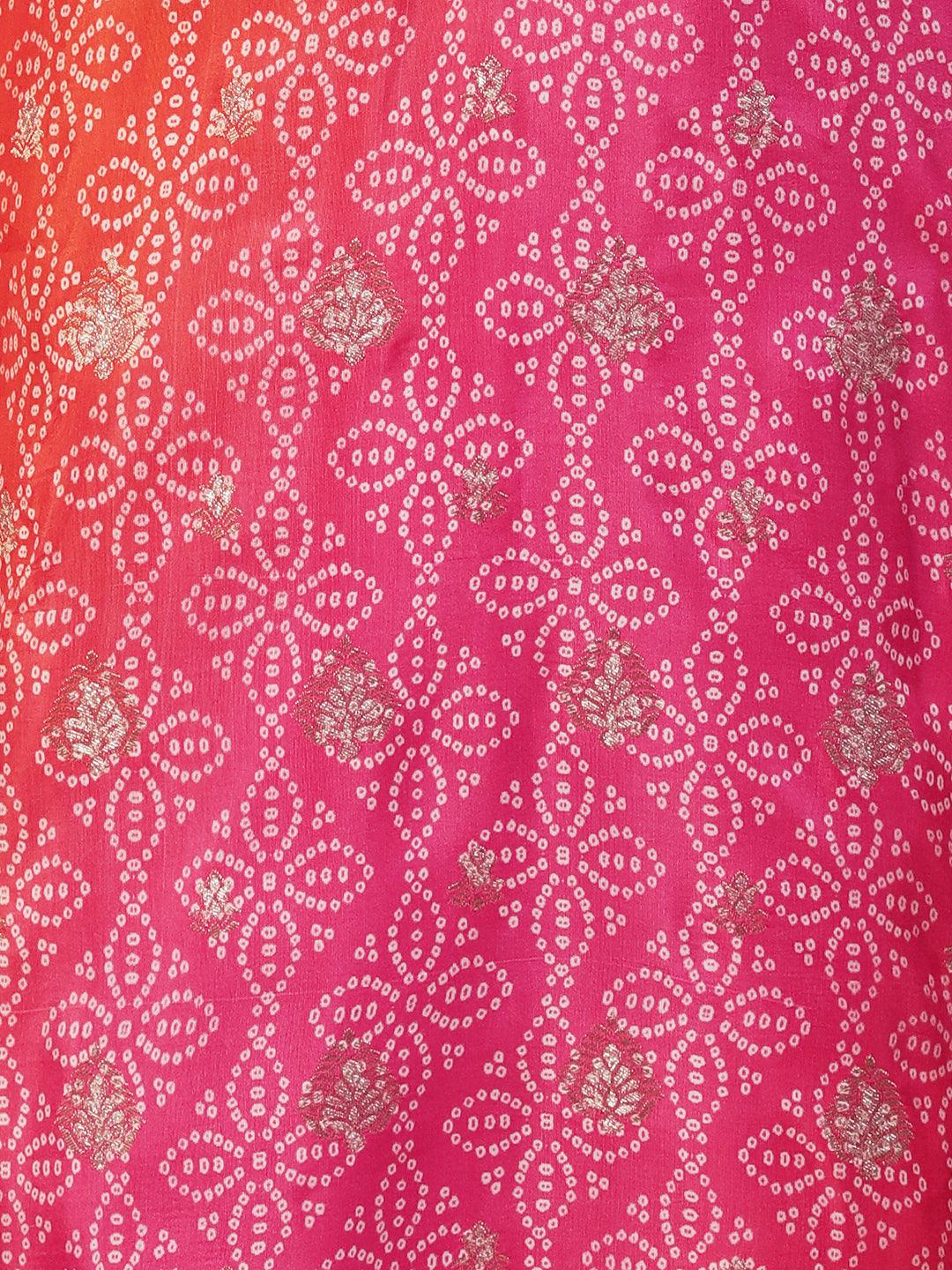 Bandhani Printed & Embroidered Straight Kurta with Pant & Dupatta - Pink - Indiakreations