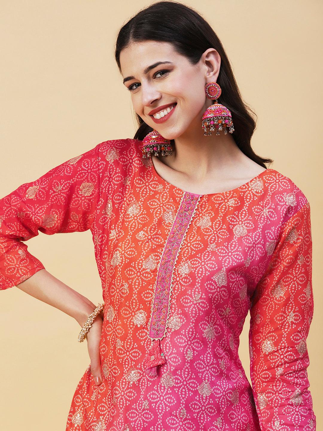 Bandhani Printed & Embroidered Straight Kurta with Pant & Dupatta - Pink - Indiakreations