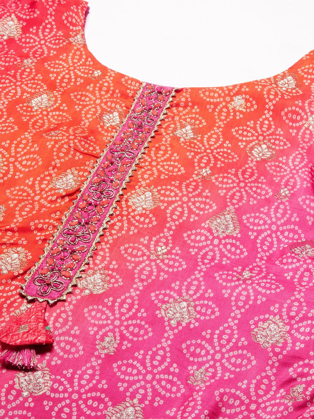 Bandhani Printed & Embroidered Straight Kurta with Pant & Dupatta - Pink - Indiakreations