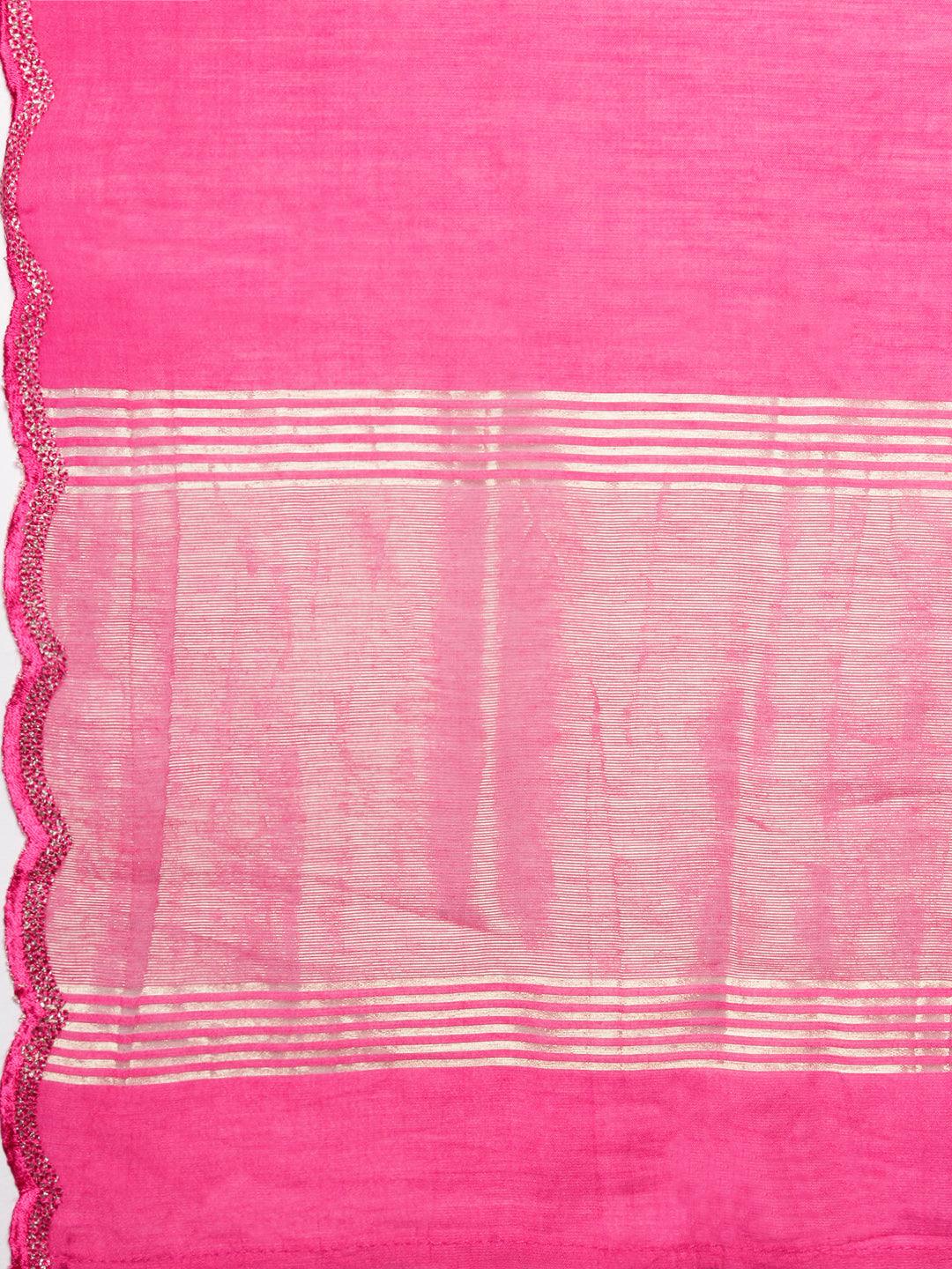 Bandhani Printed & Embroidered Straight Kurta with Pant & Dupatta - Pink - Indiakreations