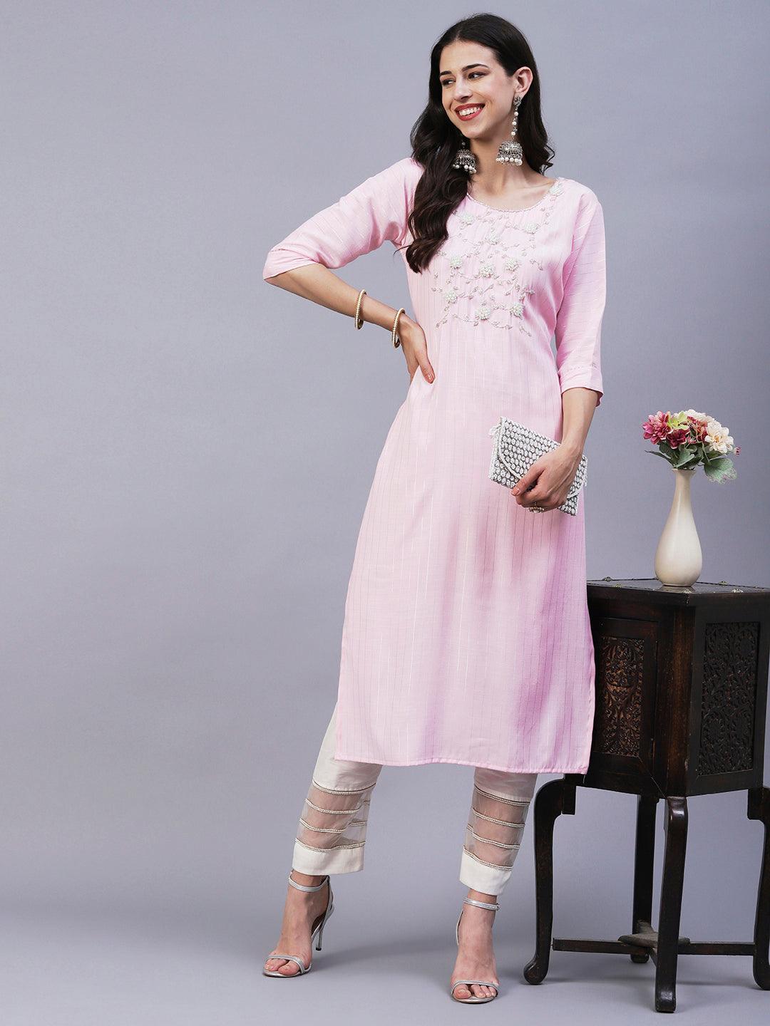 Floral Hand Embroidered Straight Fit Kurta - Pink - Indiakreations