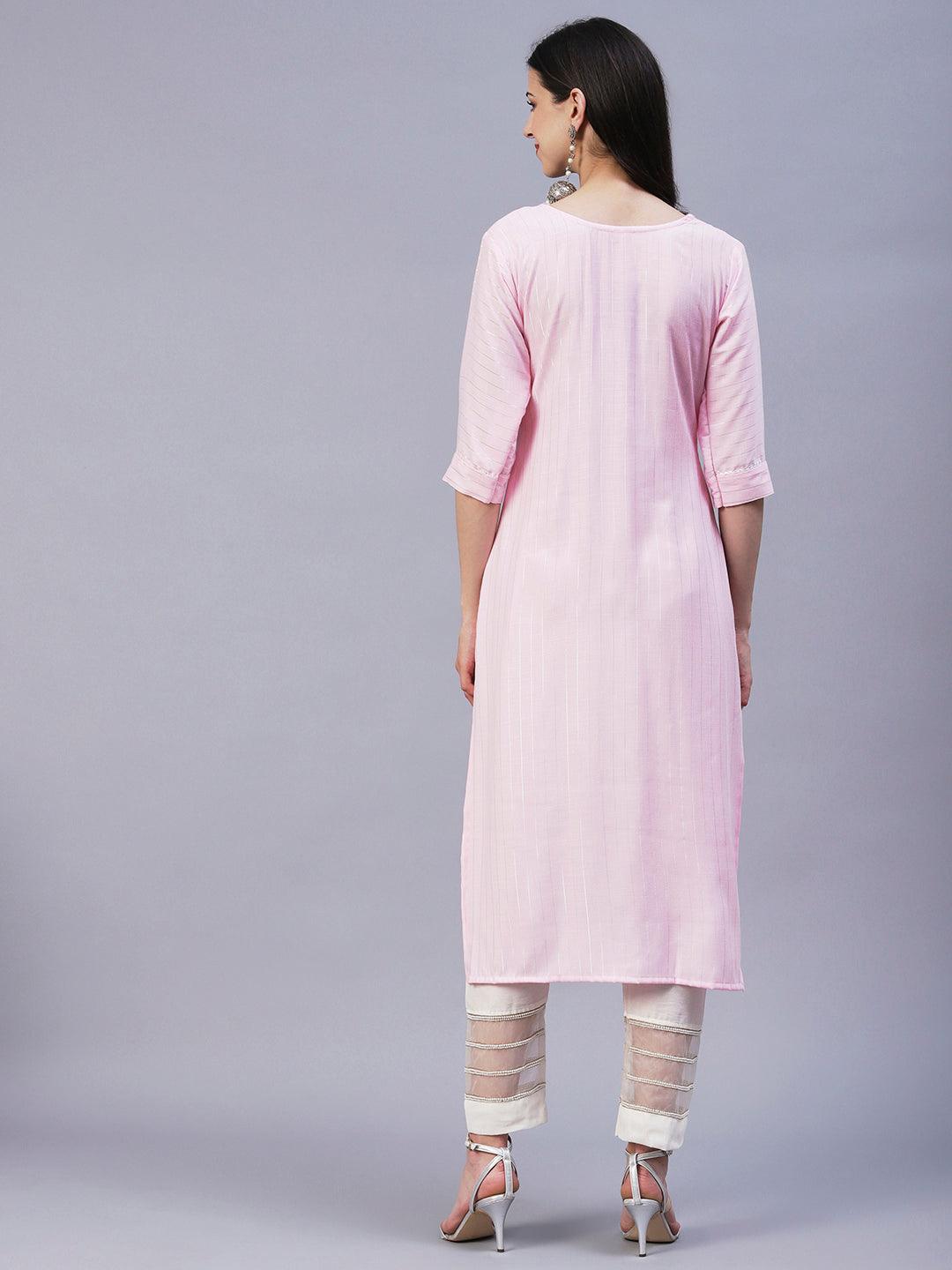 Floral Hand Embroidered Straight Fit Kurta - Pink - Indiakreations