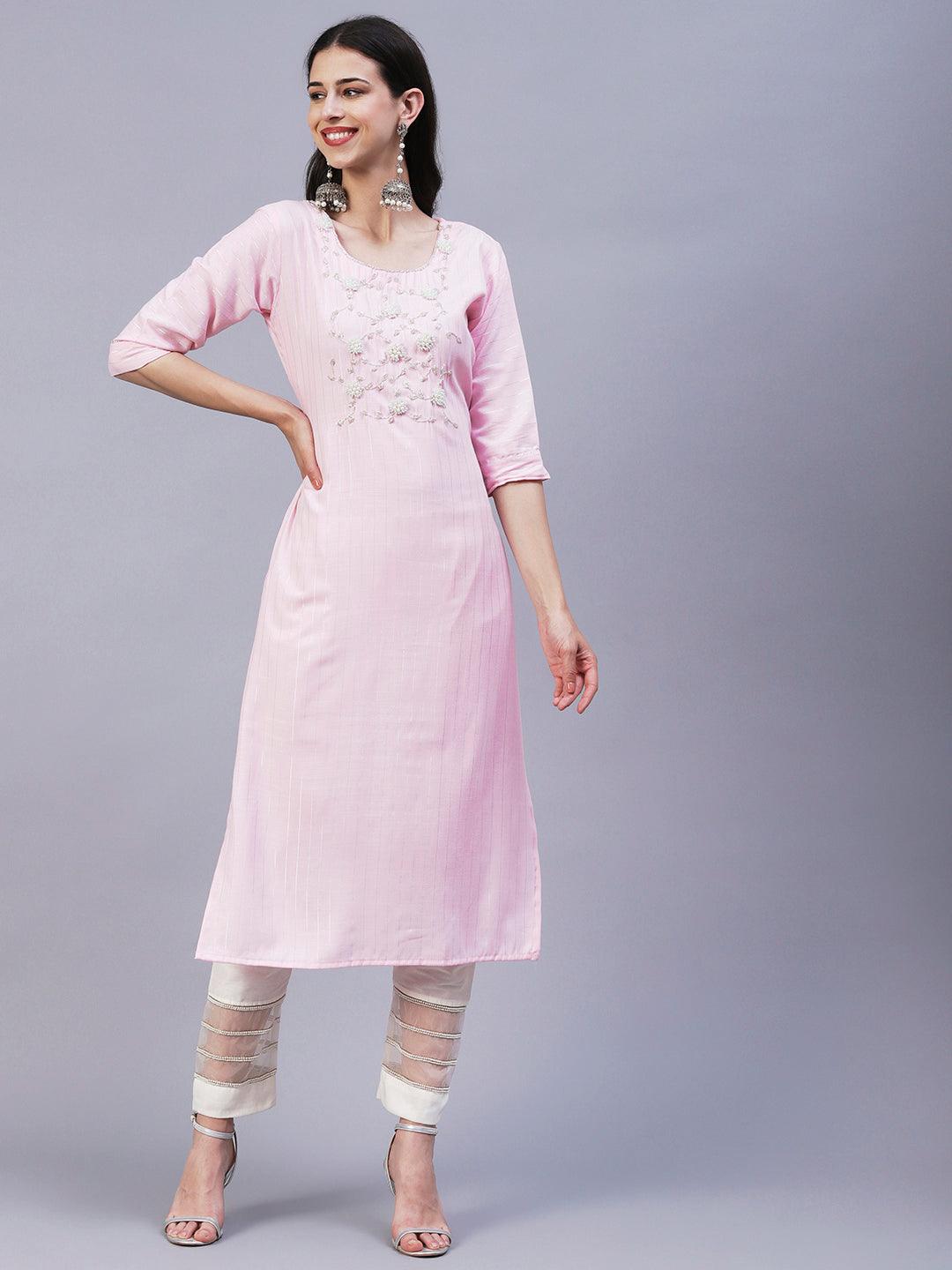 Floral Hand Embroidered Straight Fit Kurta - Pink - Indiakreations