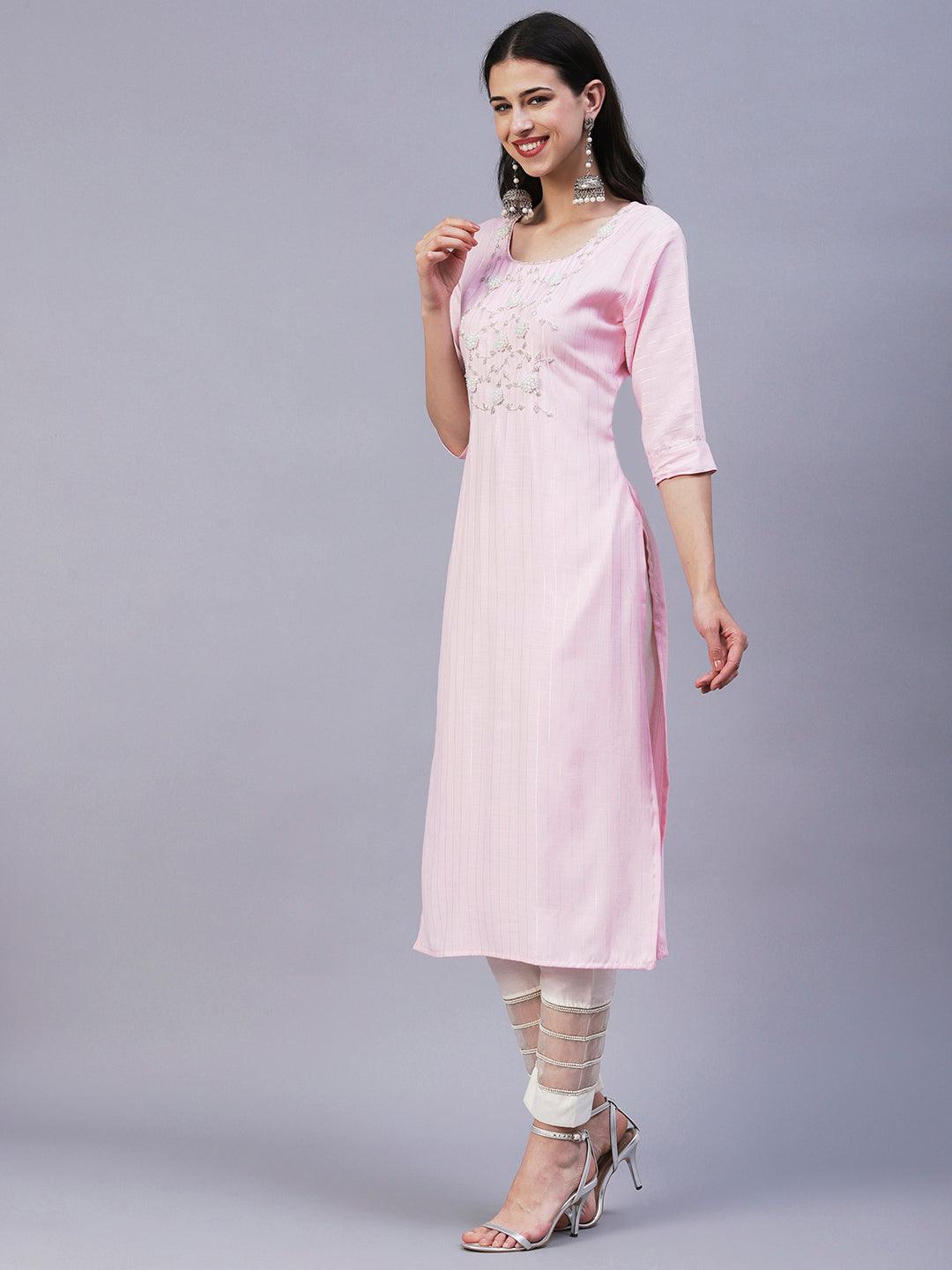 Floral Hand Embroidered Straight Fit Kurta - Pink - Indiakreations