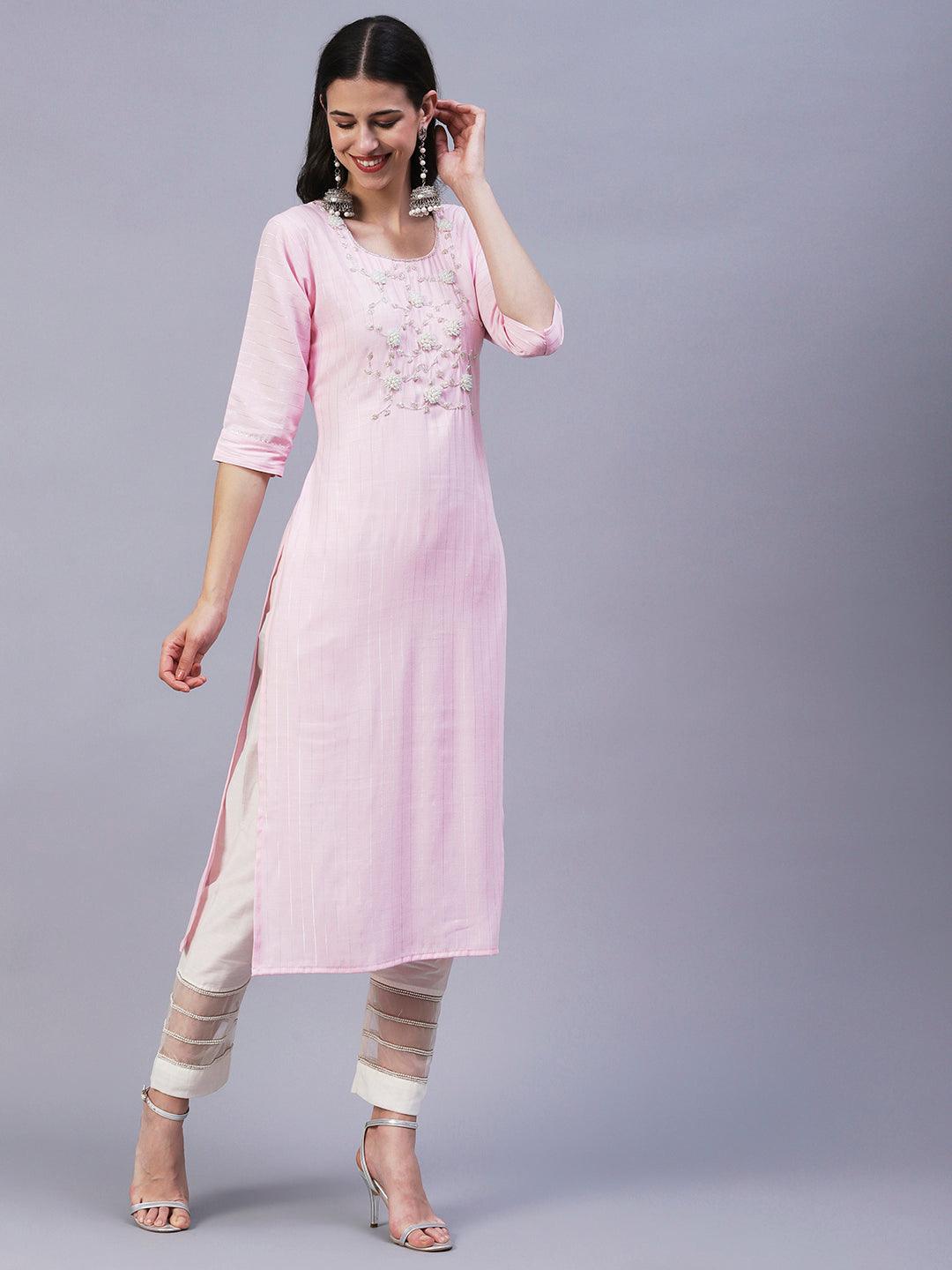 Floral Hand Embroidered Straight Fit Kurta - Pink - Indiakreations