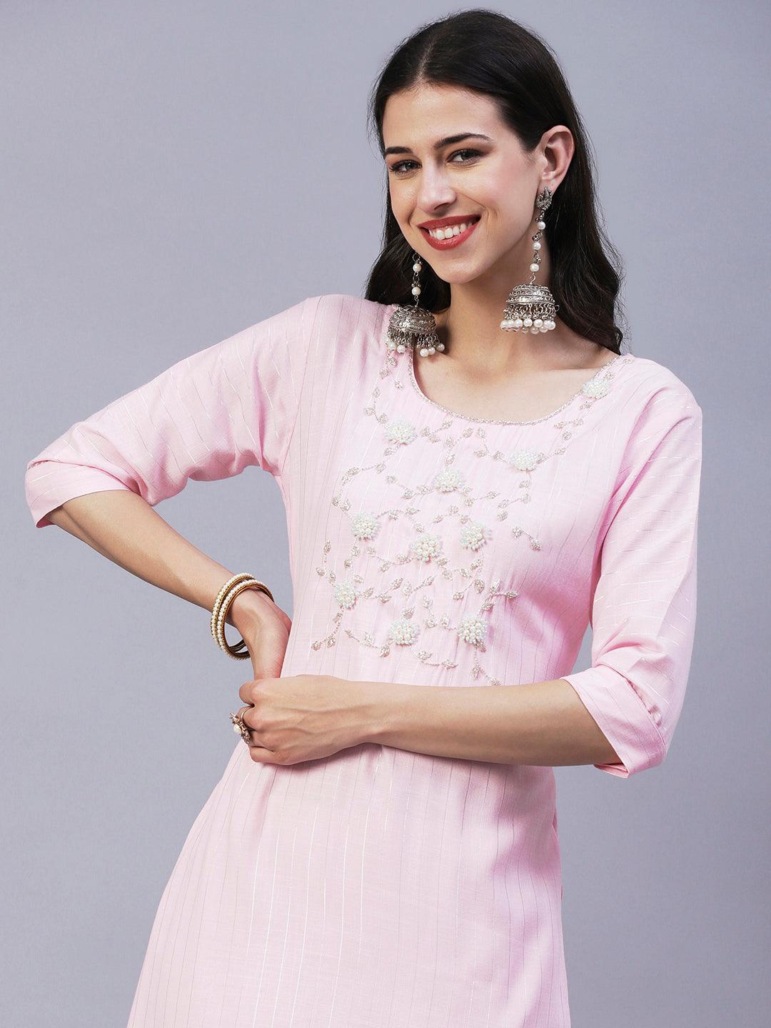 Floral Hand Embroidered Straight Fit Kurta - Pink - Indiakreations