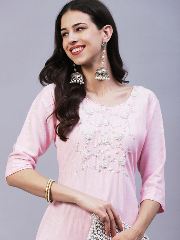 Floral Hand Embroidered Straight Fit Kurta - Pink - Indiakreations