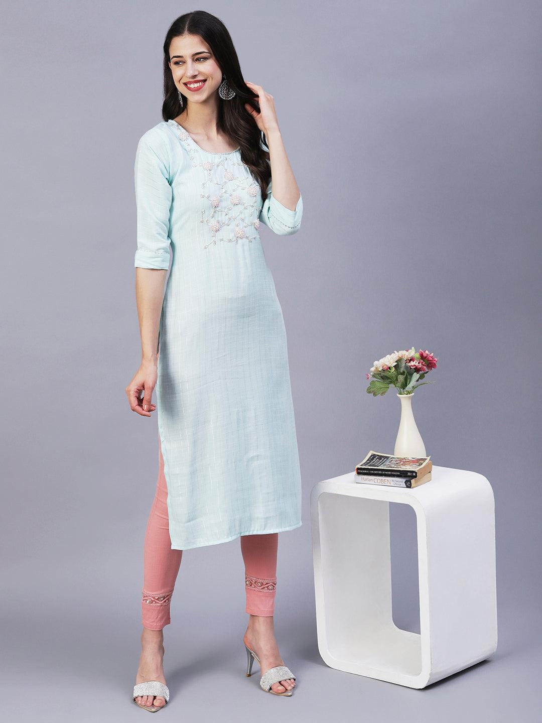 Floral Hand Embroidered Straight Fit Kurta - Aqua Blue - Indiakreations