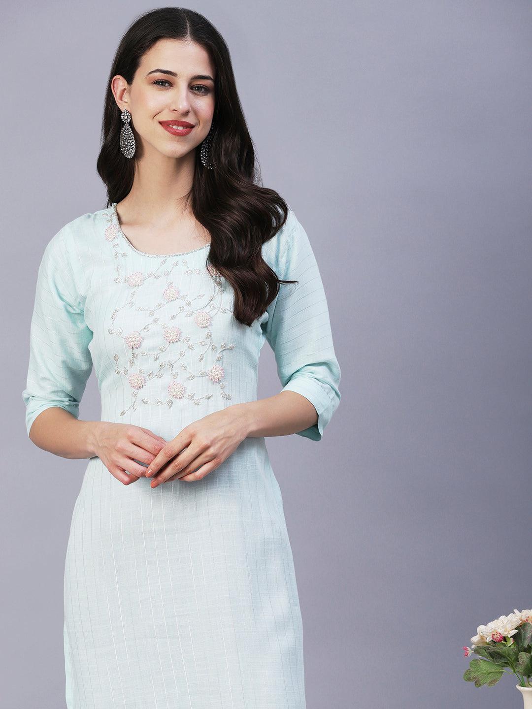 Floral Hand Embroidered Straight Fit Kurta - Aqua Blue - Indiakreations