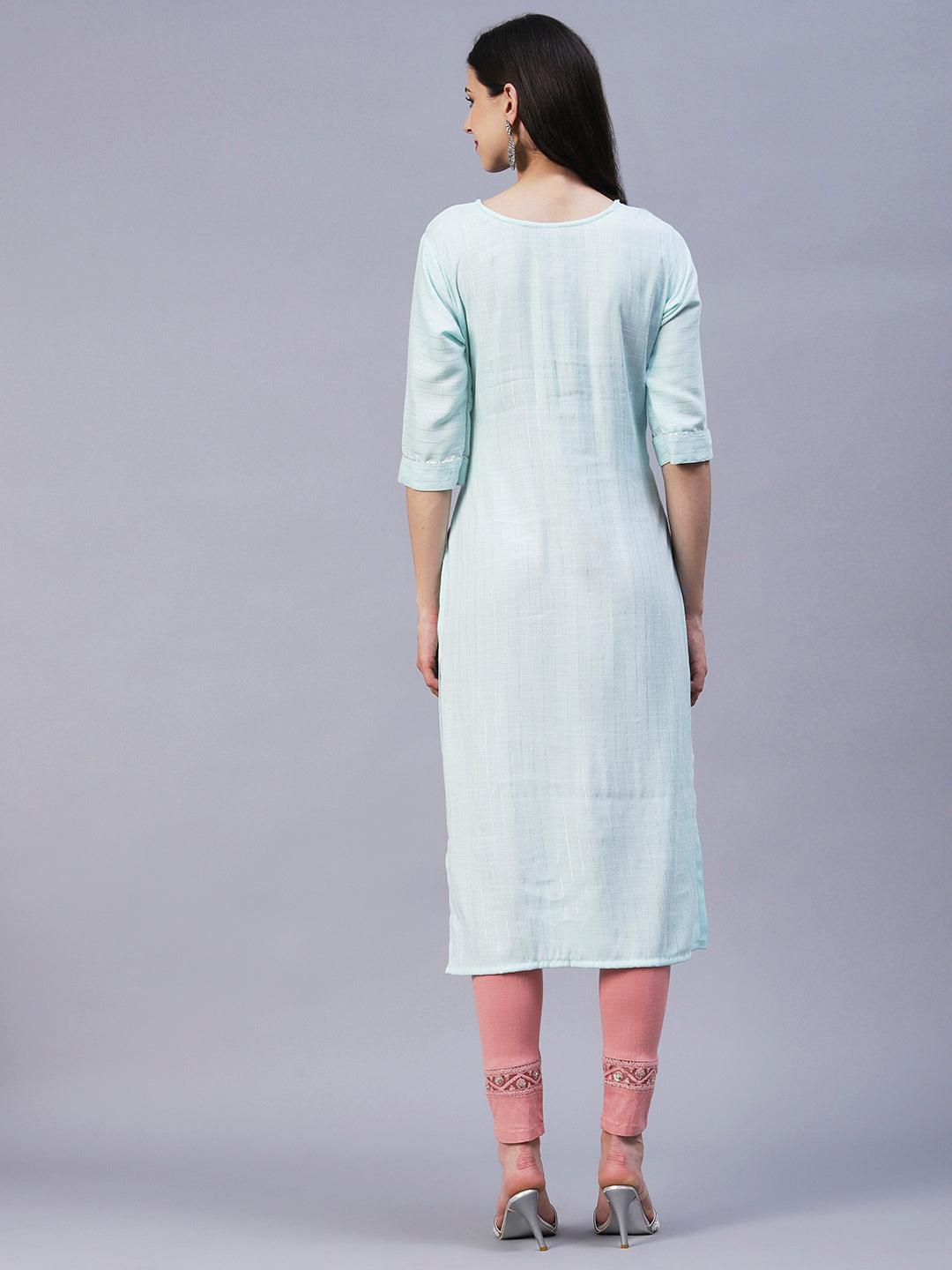 Floral Hand Embroidered Straight Fit Kurta - Aqua Blue - Indiakreations