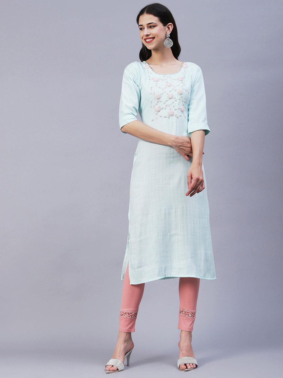 Floral Hand Embroidered Straight Fit Kurta - Aqua Blue - Indiakreations