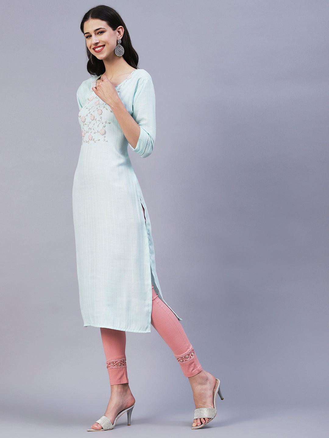 Floral Hand Embroidered Straight Fit Kurta - Aqua Blue - Indiakreations