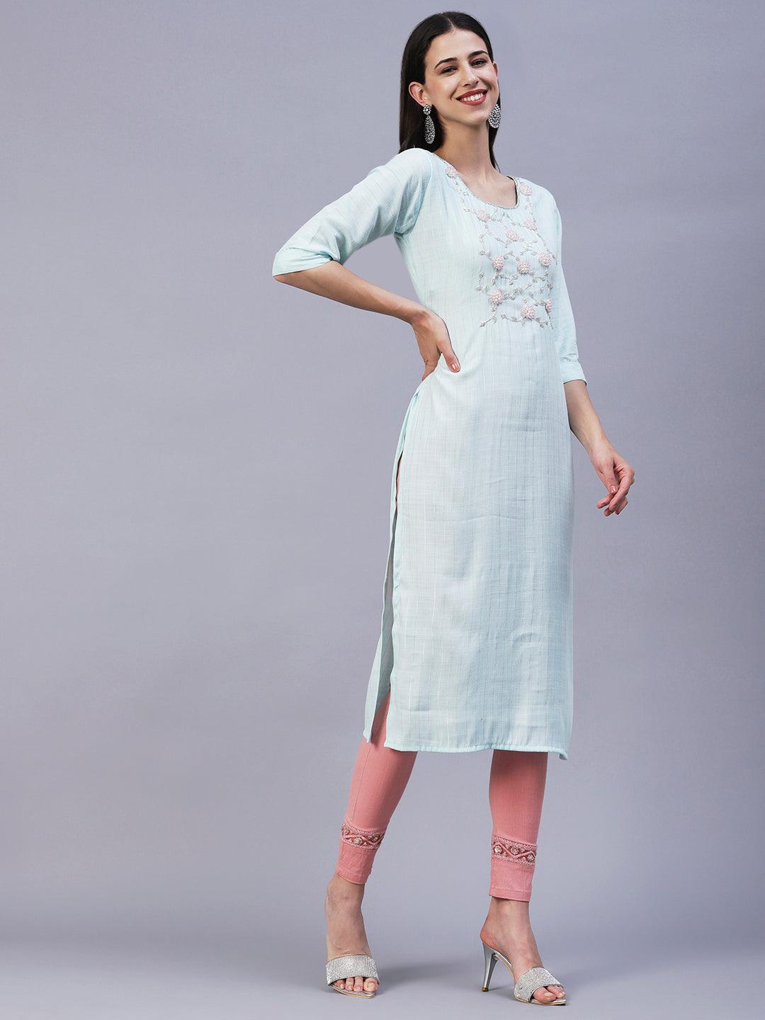 Floral Hand Embroidered Straight Fit Kurta - Aqua Blue - Indiakreations