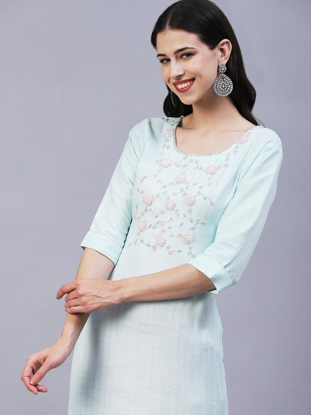 Floral Hand Embroidered Straight Fit Kurta - Aqua Blue - Indiakreations