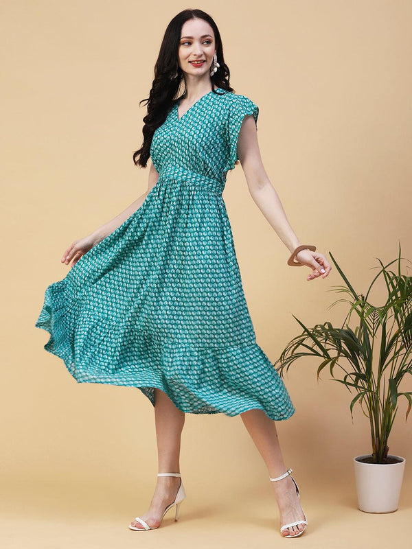 Ethnic Floral Printed Fit & Flare Midi Dress - Turquoise Blue - Indiakreations