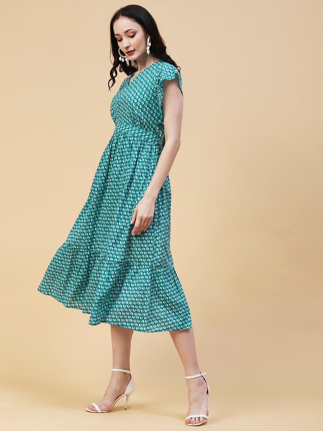 Ethnic Floral Printed Fit & Flare Midi Dress - Turquoise Blue - Indiakreations