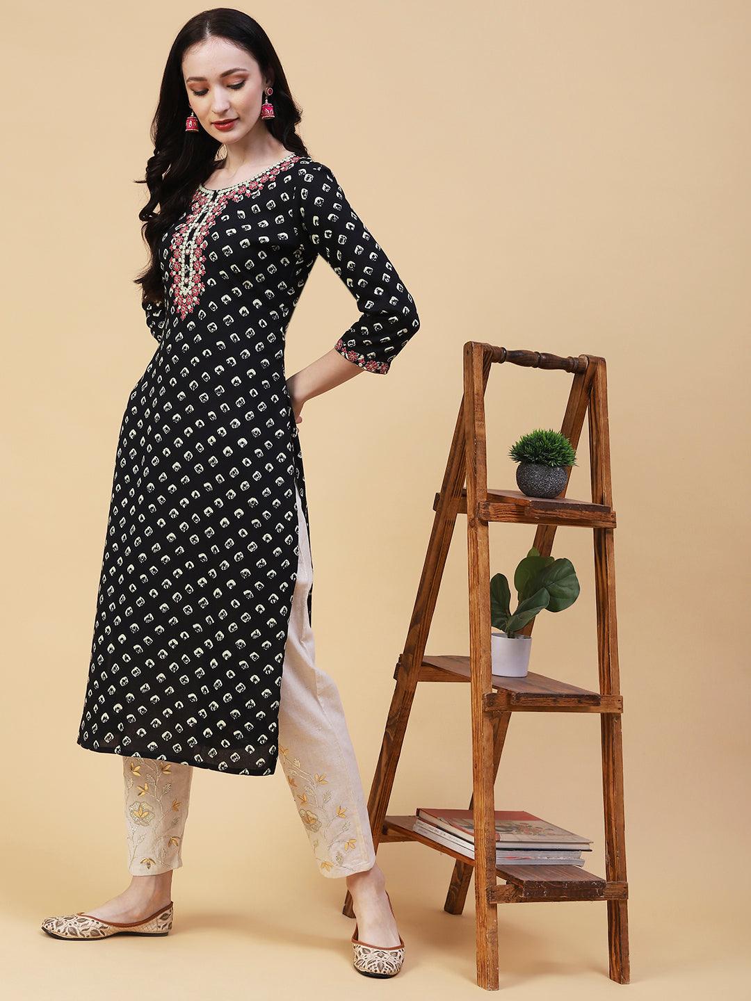 Abstract Printed Mirror, Resham & Zari Embroidered Kurta - Black - Indiakreations