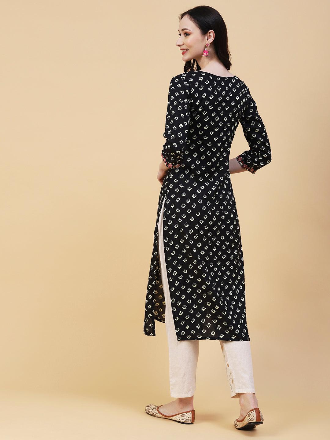 Abstract Printed Mirror, Resham & Zari Embroidered Kurta - Black - Indiakreations