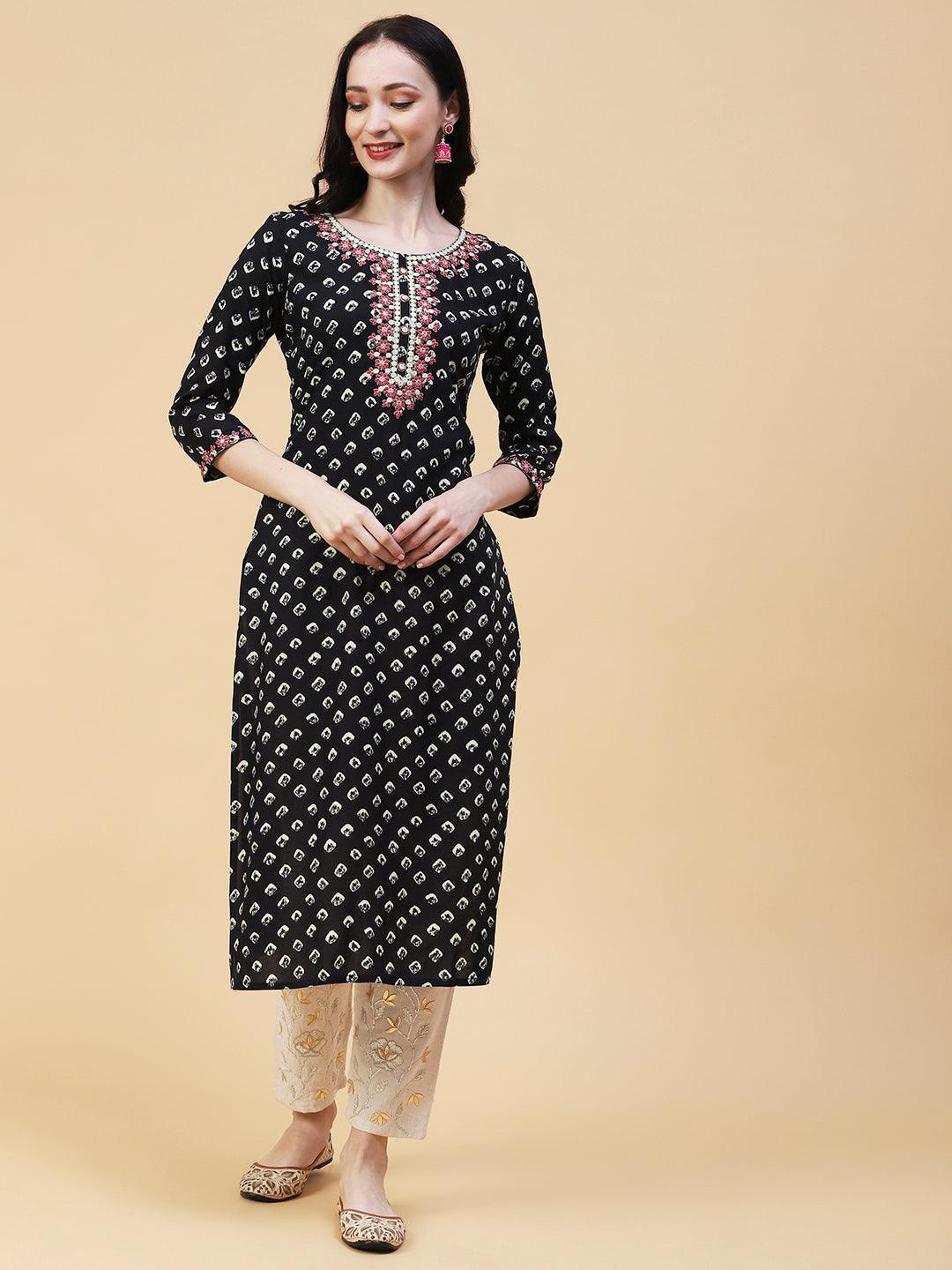 Abstract Printed Mirror, Resham & Zari Embroidered Kurta - Black - Indiakreations