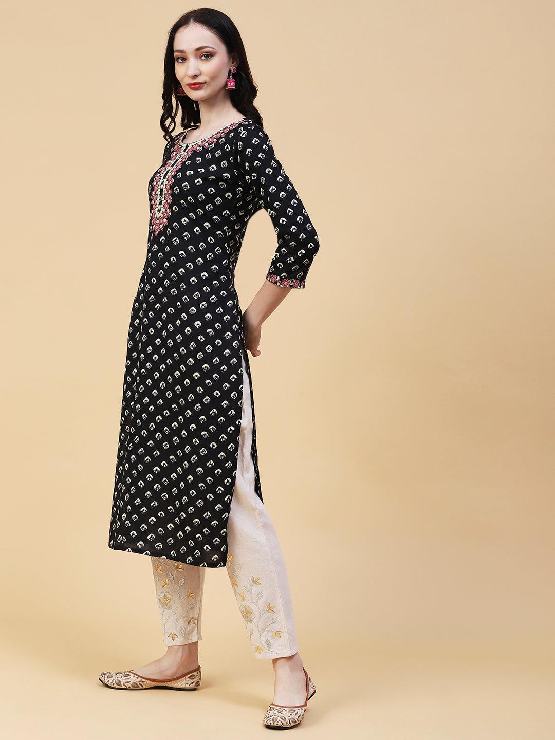 Abstract Printed Mirror, Resham & Zari Embroidered Kurta - Black - Indiakreations