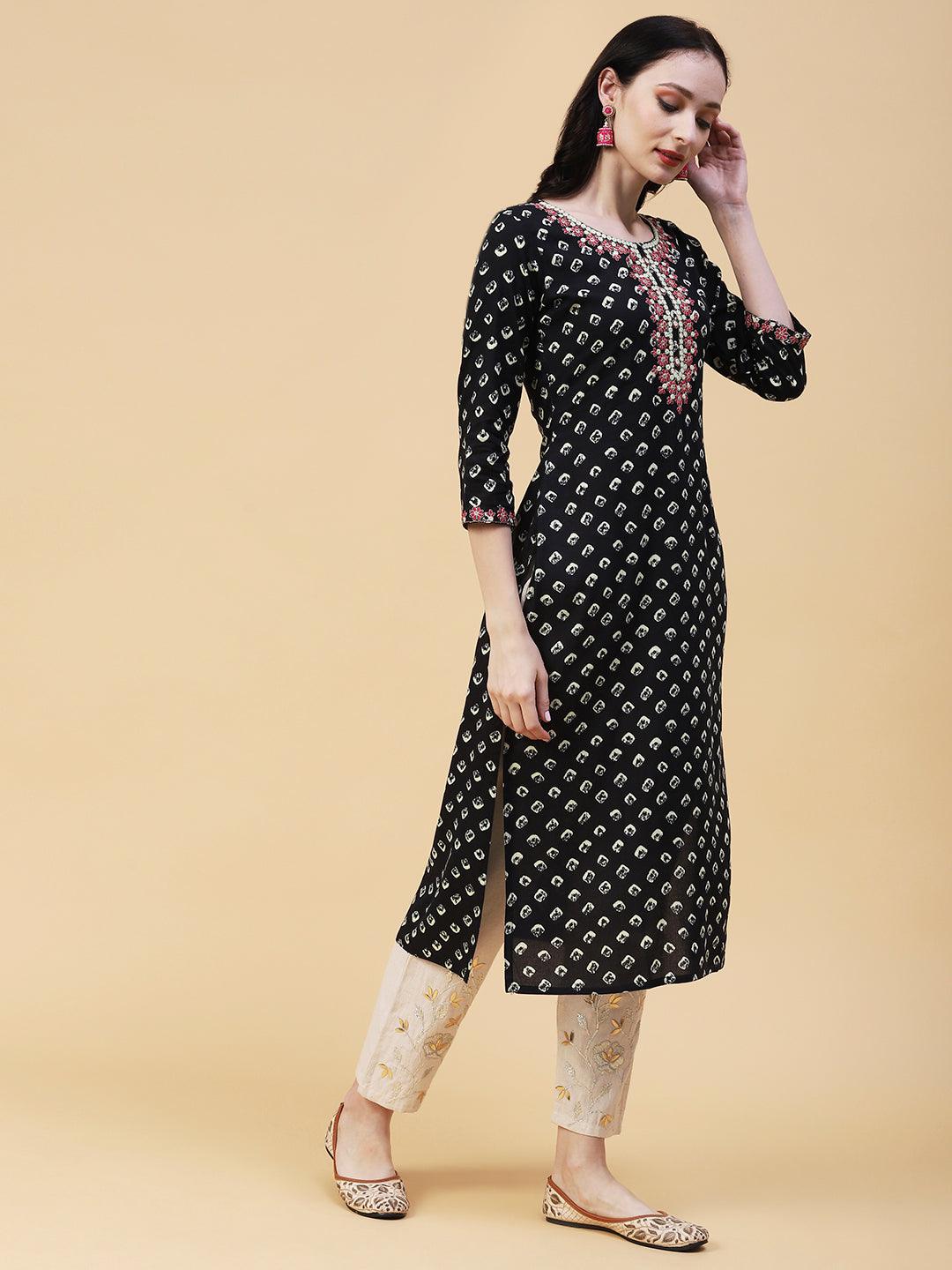 Abstract Printed Mirror, Resham & Zari Embroidered Kurta - Black - Indiakreations