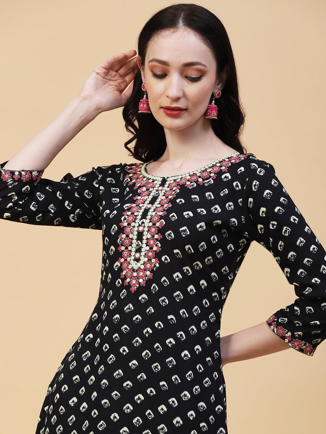 Abstract Printed Mirror, Resham & Zari Embroidered Kurta - Black - Indiakreations